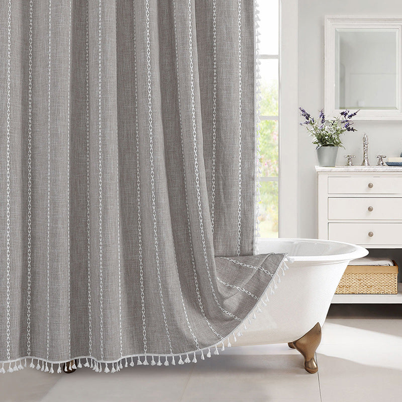 Waterproof Bath Curtain with Tassel Trim 71 x 79 Inches Gray Woven Linen Privacy Screen for Bohemian Bathrooms Country Style Decor Machine W