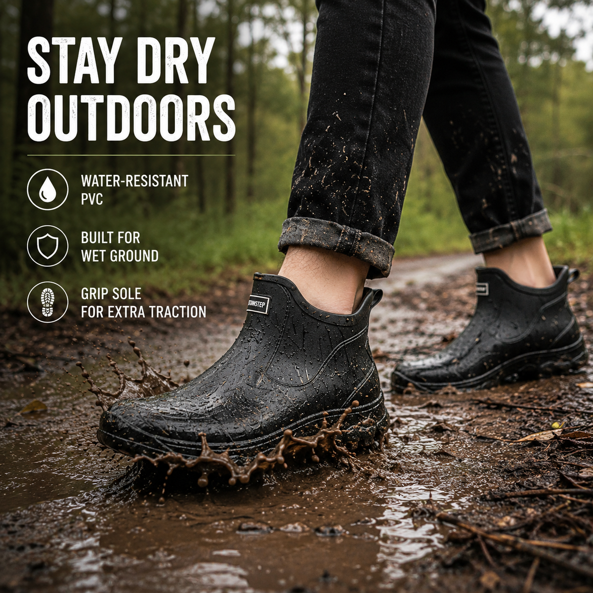 Waterproof Ankle Rain Boots with Slip-Resistant Tread for Mud, Camping & Fishing