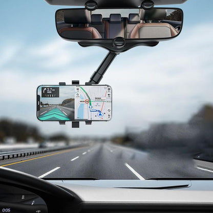 Adjustable Car Mirror Mount for Smartphones - Rotating Clip-On Device Cradle for GPS Navigation and Hands-Free Viewing While Driving