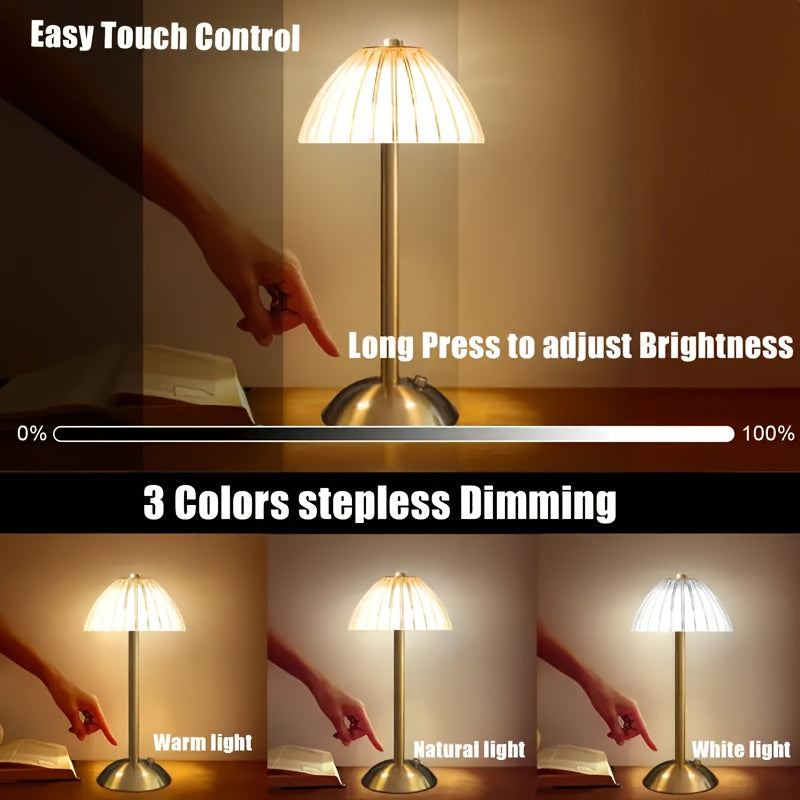 Rechargeable Touch LED Accent Lamp with Ribbed Glass Shade – Cordless Bedside Light for Nightstand, Dining Table, Restaurant – 3 Color