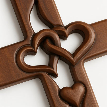 Wooden Cross Wall Art with Dual Hearts for Living Room Bedroom Entryway Faith Decor Handcrafted Religious Symbol