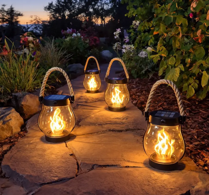 USB Rechargeable Portable Lantern with Hemp Handle & Auto Light Sensor for Patio Deck Porch Bedroom Camping Outdoor Indoor Ambient Lighting
