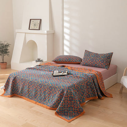 Six-Layer Cotton Quilt Reversible Lightweight Blanket Orange Blue Geometric Pattern for Year-Round Comfort Bedroom Guest Room