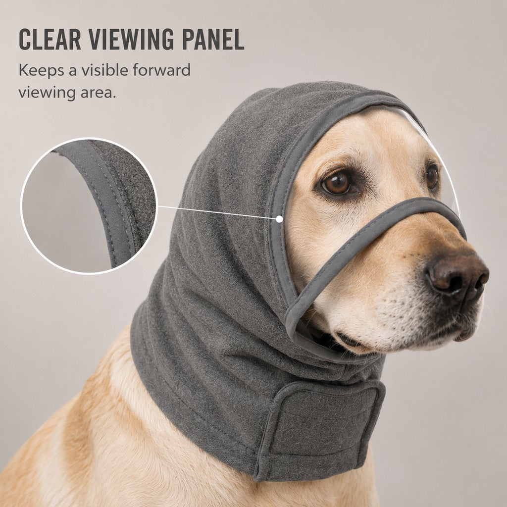 Ortekor Calming Dog Hood with Clear Viewing Panel, Gentle Head & Neck Wrap for Grooming, Thunderstorms, Fireworks & Travel Comfort