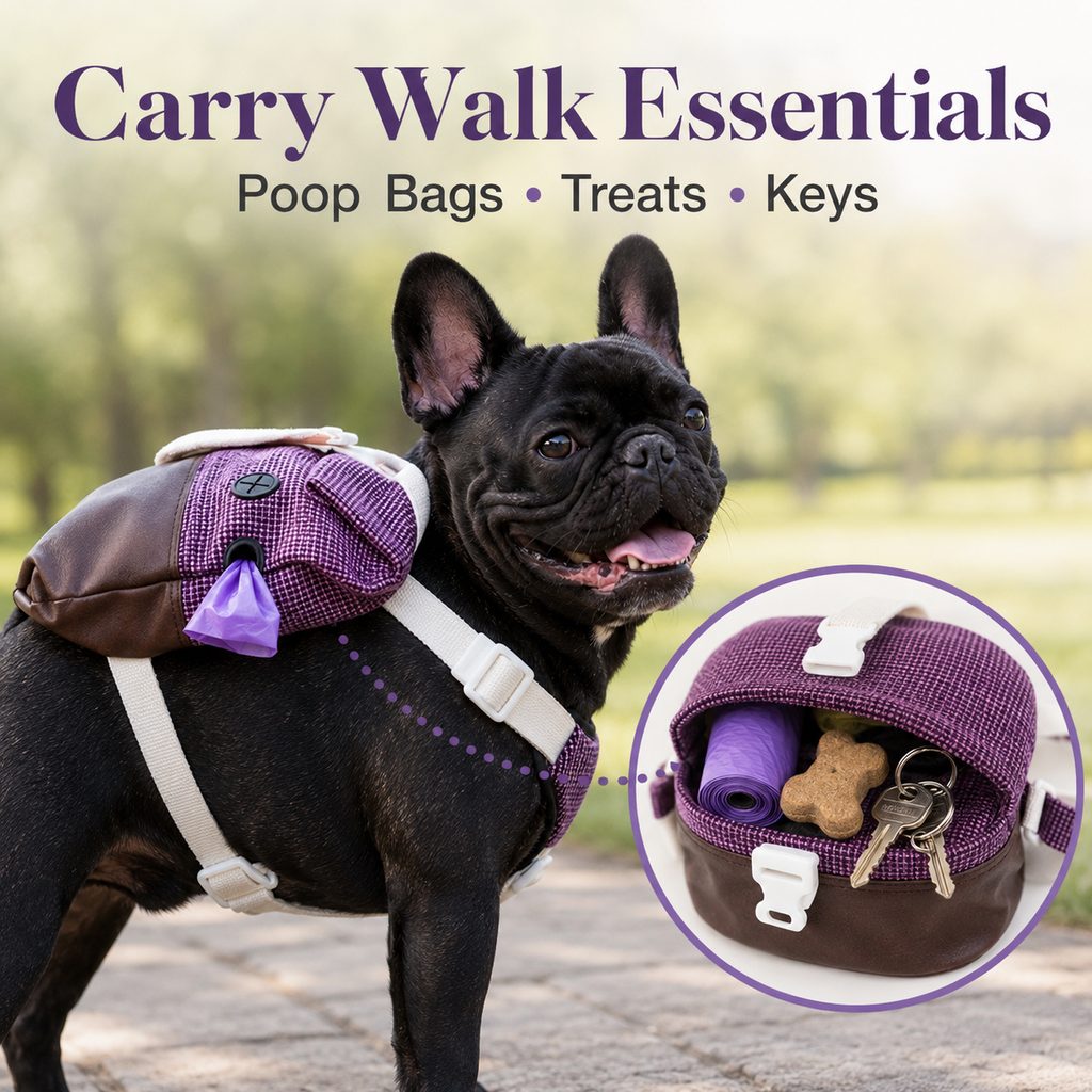 Ortekor Frenchie Adventure Backpack Harness for Daily Walks - Carry Poop Bags, Treats & Keys Without Neck Pulling