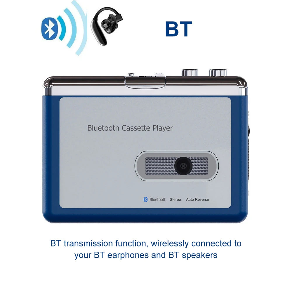 Portable Cassette Player with Bluetooth – Auto-Reverse Tape Deck with Wireless & Wired Playback for Retro Music Lovers