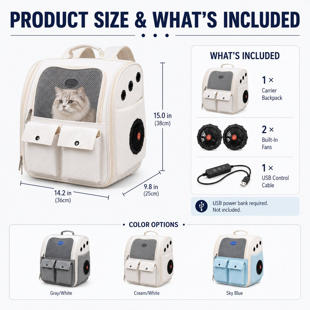 Ortekor USB-Powered Dual-Fan Cat Carrier Backpack for Vet Visits & Everyday Travel - Fan-Assisted Cooling for Less-Stuffy Trips