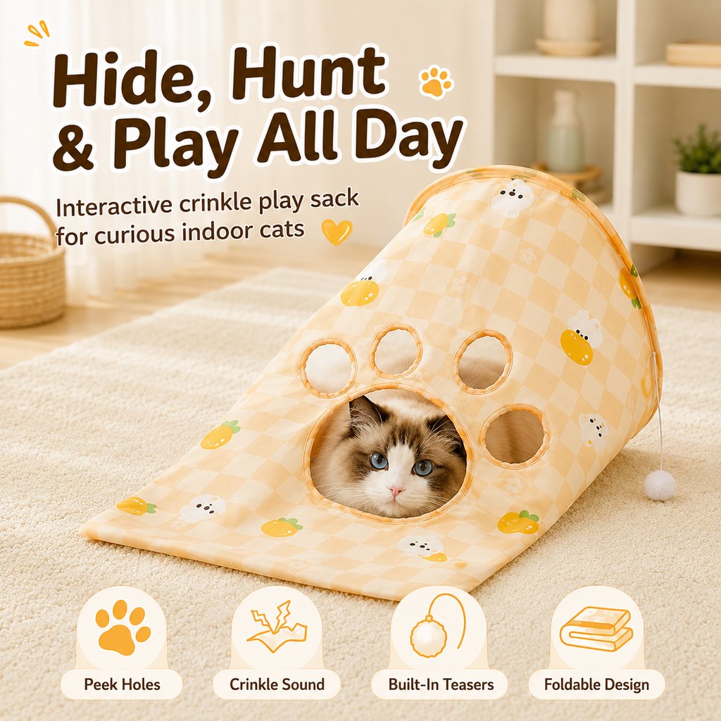 Ortekor Interactive Cat Crinkle Play Sack for Indoor Cats - Hide, Pounce & Stay Busy While You're Away