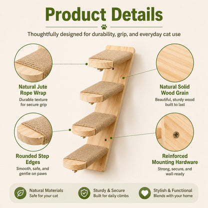 Ortekor Wall-Mounted Solid Wood Cat Steps for Shelves & Perches - Space-Saving Jute Climbing Ladder