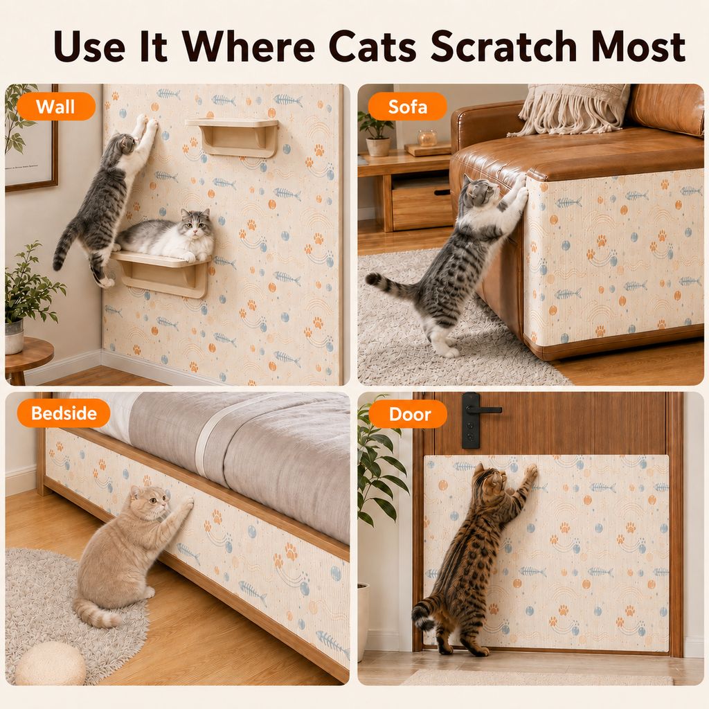Ortekor Self-Adhesive Cat Scratch Mat for Wall & Furniture Protection – Cuttable Cat Scratching Pad for Sofa, Door, Bedside & Home Surfaces