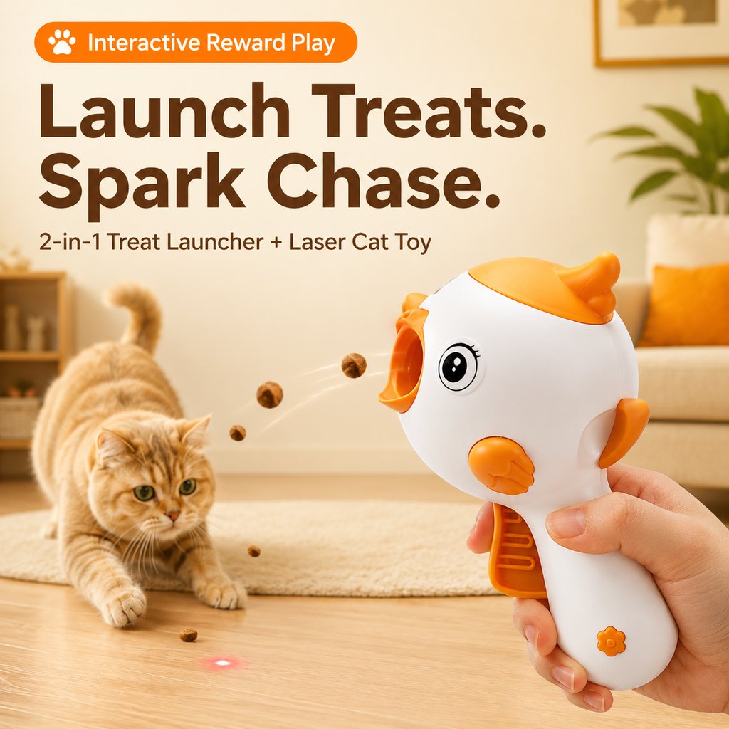 Ortekor Interactive Cat Treat Launcher Toy with Laser - Indoor Cat Enrichment Game for Bored Cats, Exercise & Feeding Fun