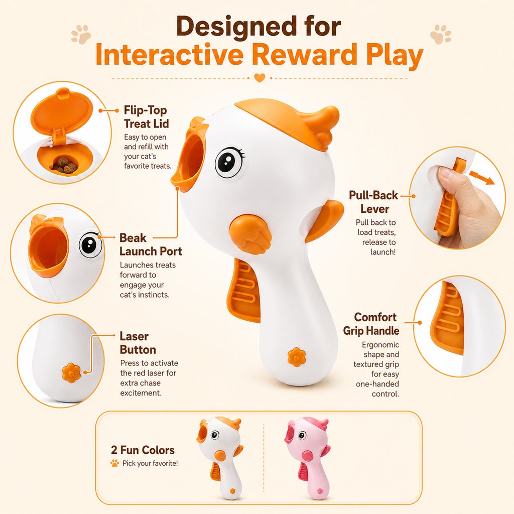 Ortekor Interactive Cat Treat Launcher Toy with Laser - Indoor Cat Enrichment Game for Bored Cats, Exercise & Feeding Fun