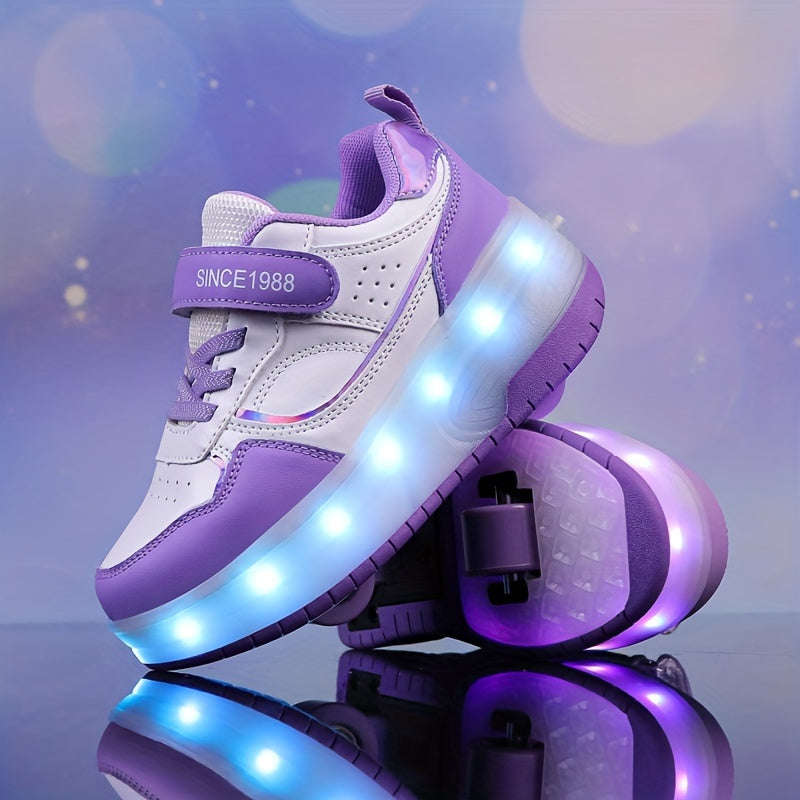 Light-Up Roller Skate Shoes for Kids with Detachable Wheels Purple Rechargeable Sneakers Boys Girls Indoor Outdoor Heelys-Style Footwear Ath