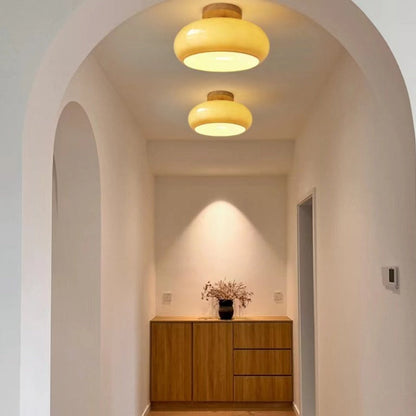Recessed Wood Flush Mount Ceiling Light with Glass Shade for Living Room & Dining Room – Modern Indoor Lighting Fixture