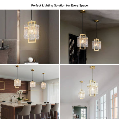 Square Cage Pendant Light Fixture with Textured Glass Shade & Gold Frame for Dining Room, Kitchen Island, Bedroom