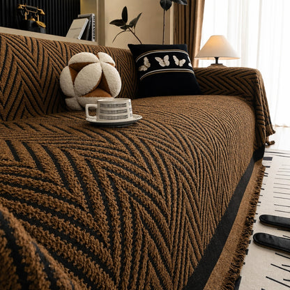 Textured Throw Blanket with Fringe Trim for Sofa | Modern Chevron Weave Furniture Protector & Decorative Accent