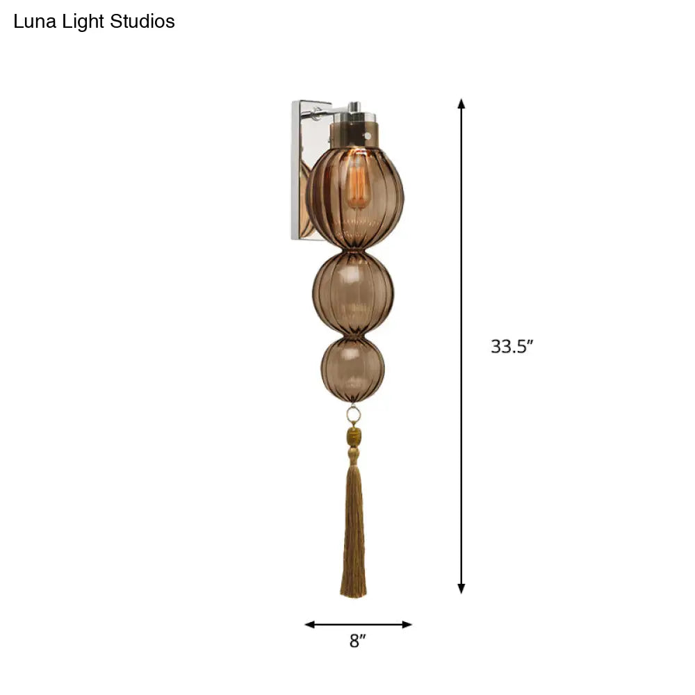 Round Glass Wall Sconce with Decorative Tassel | Asian-Inspired Globe Fixture | Chrome or Brass Finish for Living Room, Hallway, Bedroom