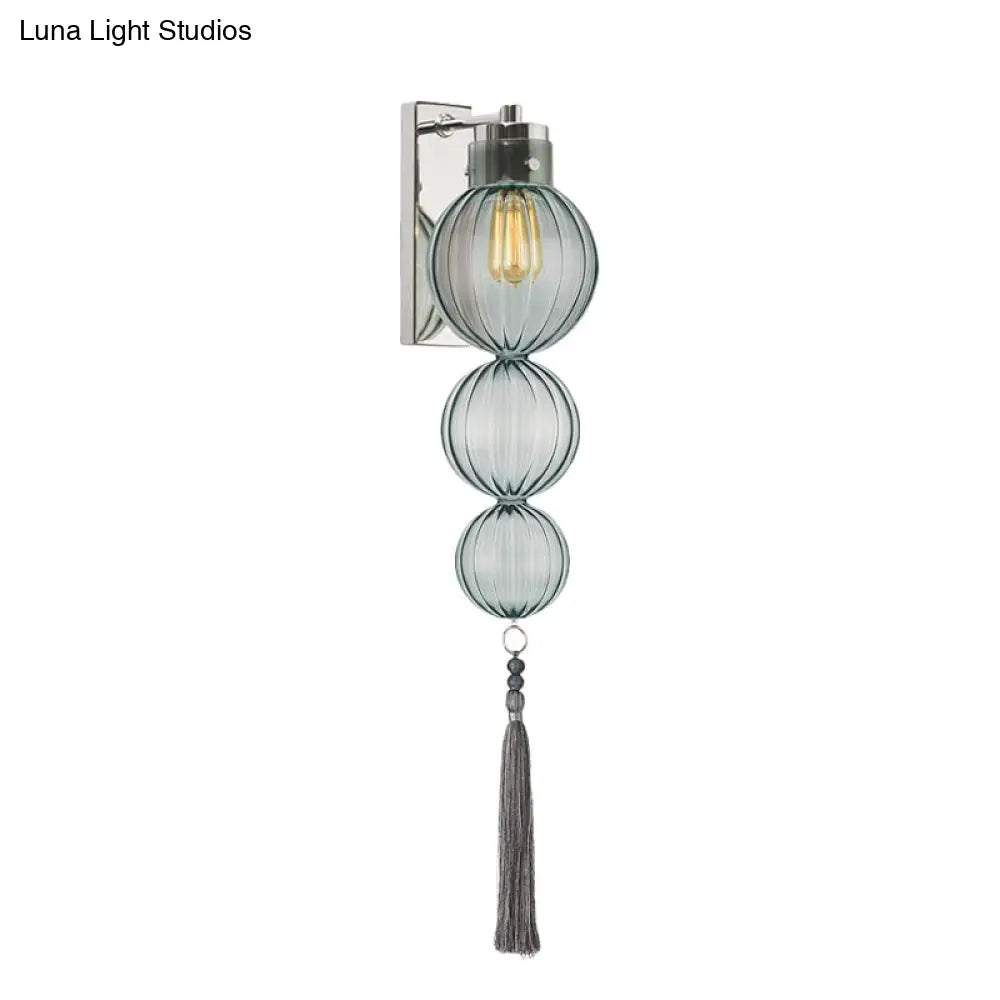 Round Glass Wall Sconce with Decorative Tassel | Asian-Inspired Globe Fixture | Chrome or Brass Finish for Living Room, Hallway, Bedroom