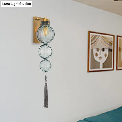 Round Glass Wall Sconce with Decorative Tassel | Asian-Inspired Globe Fixture | Chrome or Brass Finish for Living Room, Hallway, Bedroom