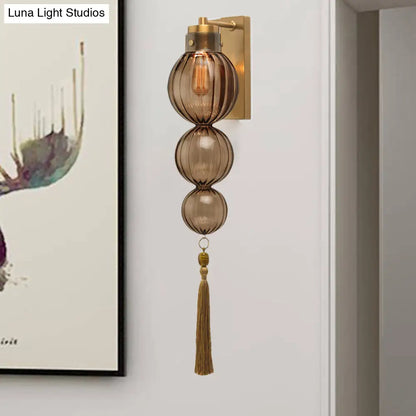 Round Glass Wall Sconce with Decorative Tassel | Asian-Inspired Globe Fixture | Chrome or Brass Finish for Living Room, Hallway, Bedroom