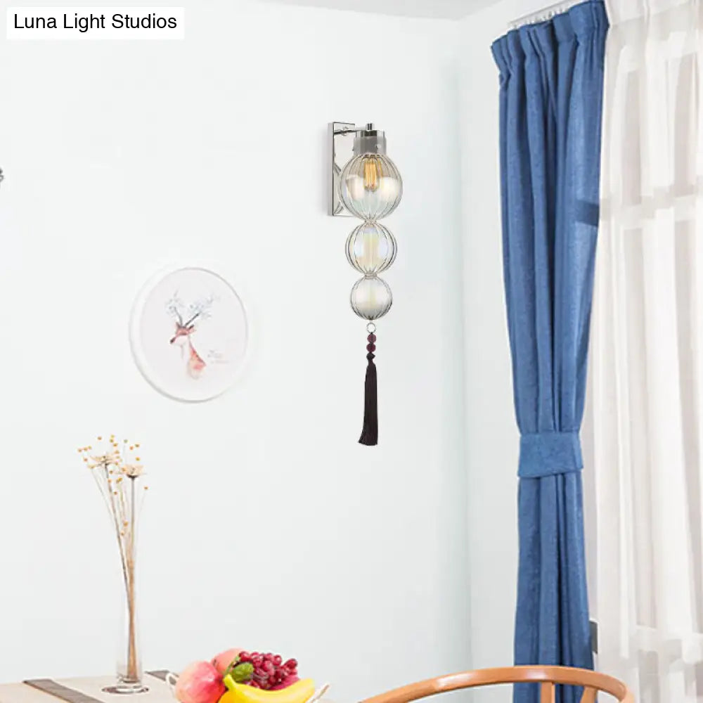 Round Glass Wall Sconce with Decorative Tassel | Asian-Inspired Globe Fixture | Chrome or Brass Finish for Living Room, Hallway, Bedroom