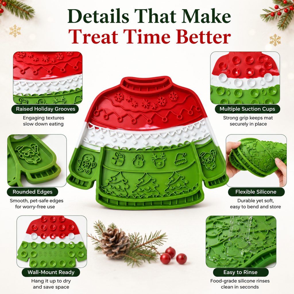 Ortekor Christmas Sweater Wall-Mount Pet Lick Mat for Dogs & Cats - Slow Feeding & Nail Trimming Distraction for Holiday Treat Time