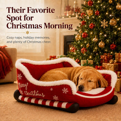 Ortekor Christmas Sleigh Dog Bed for Holiday Living Rooms – Cozy Pet Rest & Festive Décor