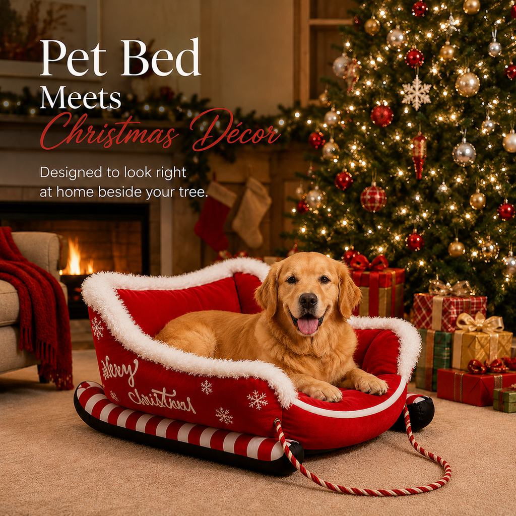 Ortekor Christmas Sleigh Dog Bed for Holiday Living Rooms – Cozy Pet Rest & Festive Décor