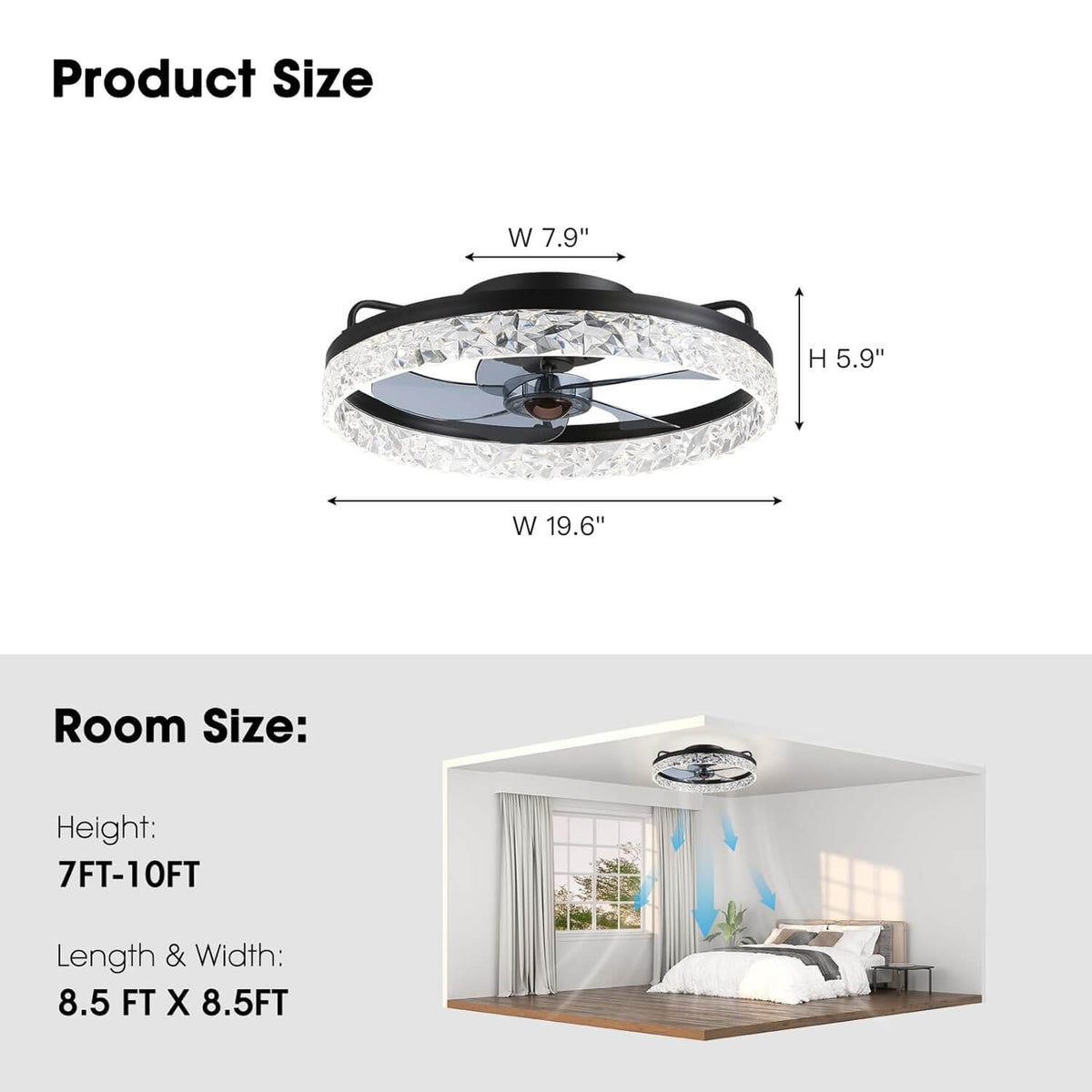 Low-Profile Flush Mount Ceiling Fan with Dimmable LED Light & Remote 20 Inch for Bedroom Living Room Kitchen Dining Reversible Blades 6 Spee