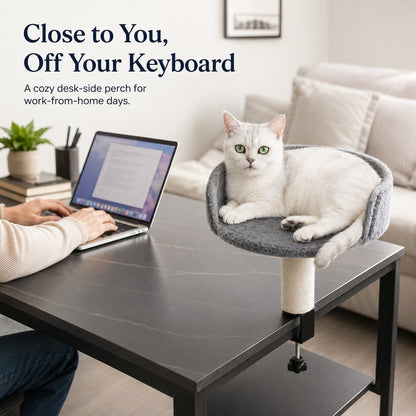 Ortekor Clamp-On Cat Perch for Home Office Desks - Space-Saving Cat Bed with Sisal Scratching Post