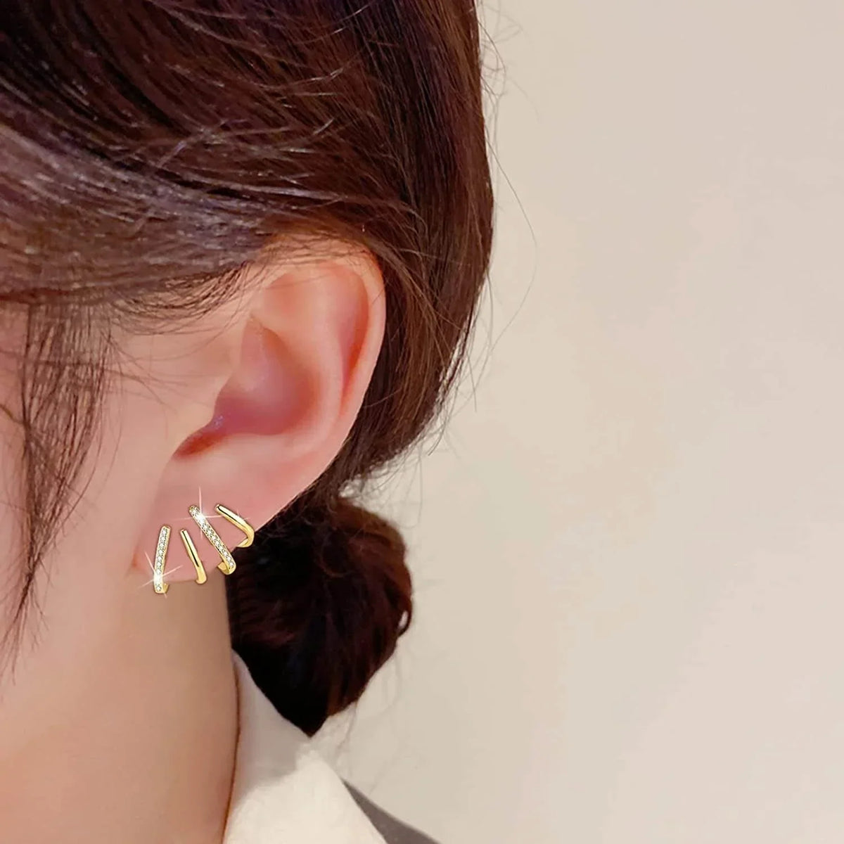 Multi-Hoop Ear Crawler Studs with Cubic Zirconia – Four-Band Layered Earrings for Women – Elegant Stacked Hoop Look Without Extra Piercings