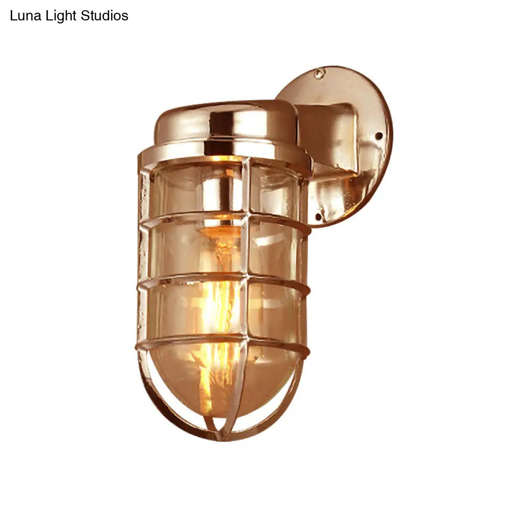 Metal Cage Wall Sconce with Glass Shade – Industrial Hardwired Light for Hallway, Bedroom, Dining Room – 4" Wide 1-Light Fixture