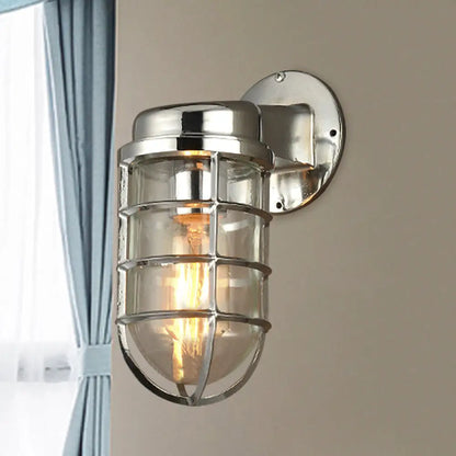 Metal Cage Wall Sconce with Glass Shade – Industrial Hardwired Light for Hallway, Bedroom, Dining Room – 4" Wide 1-Light Fixture