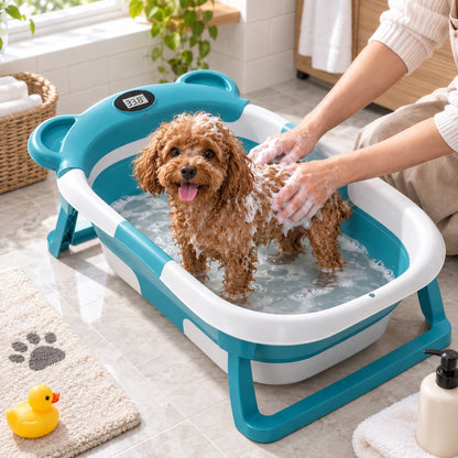 Ortekor Collapsible Pet Bathtub with Digital Thermometer - Space-Saving Dog & Cat Bath Tub for Easy At-Home Grooming