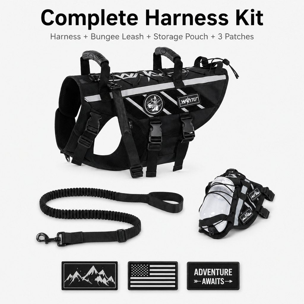 Ortekor Outdoor Dog Harness & Bungee Leash Set with Dual Handles, Storage Pouch & Patch Accessories for Hiking, Walking and Everyday Adventures