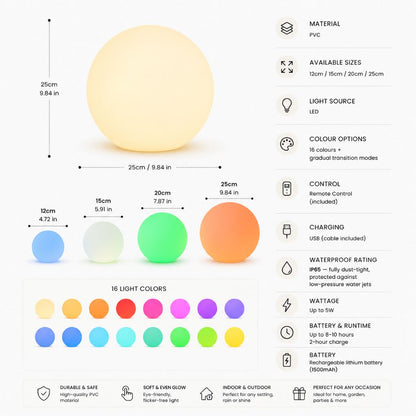 Lámpara LED esférica recargable con control remoto: 16 modos de color, resistente a la intemperie para iluminación ambiental en interiores y exteriores