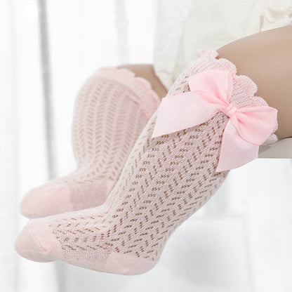 Infant Knee-High Socks with Oversized Ribbon Accent for Girls | Breathable Mesh Knit Footwear for Newborns and Toddlers 0-24 Months
