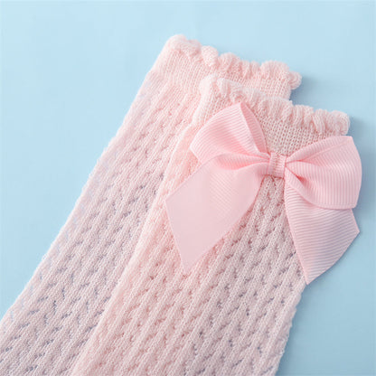Infant Knee-High Socks with Oversized Ribbon Accent for Girls | Breathable Mesh Knit Footwear for Newborns and Toddlers 0-24 Months