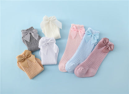 Infant Knee-High Socks with Oversized Ribbon Accent for Girls | Breathable Mesh Knit Footwear for Newborns and Toddlers 0-24 Months