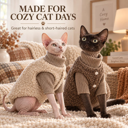Ortekor Cozy Cat Turtleneck Sweater & Sherpa Vest Set - Cool-Weather Indoor Layers for Hairless & Short-Haired Cats