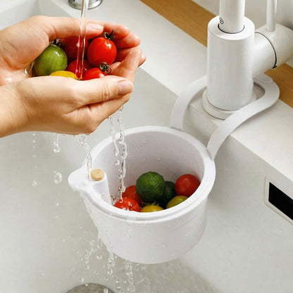 Tap-Mounted Food Scrap Catcher with Push-Button Release 8×5.6×5.1 Inches for Veggie Prep Scraps Fruit Washing Over-Sink Waste Bin