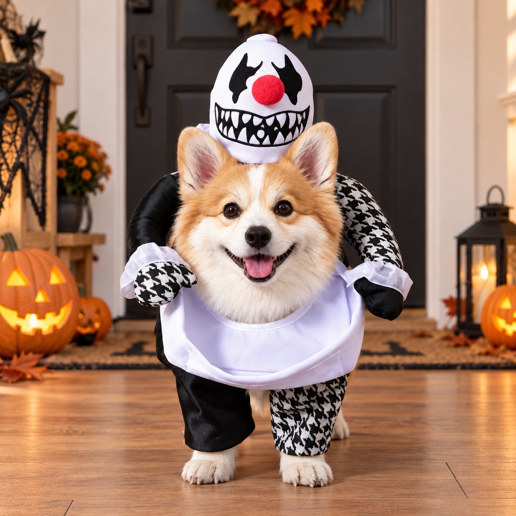 Disfraz de perro de payaso espeluznante Ortekor con brazos falsos: atuendo de Halloween para pedir dulces con un estilo 3D único al caminar