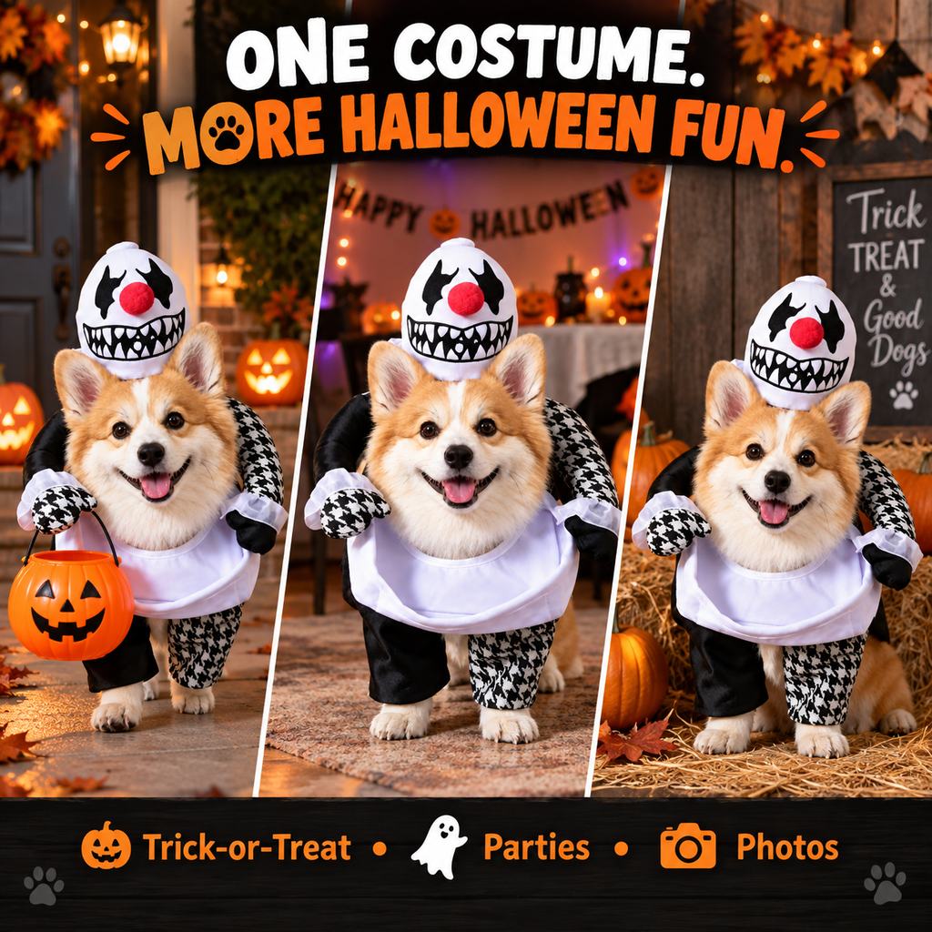 Disfraz de perro de payaso espeluznante Ortekor con brazos falsos: atuendo de Halloween para pedir dulces con un estilo 3D único al caminar