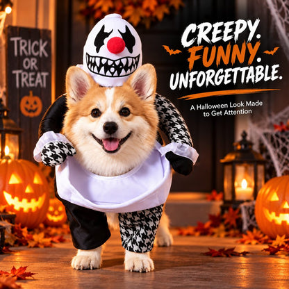 Disfraz de perro de payaso espeluznante Ortekor con brazos falsos: atuendo de Halloween para pedir dulces con un estilo 3D único al caminar