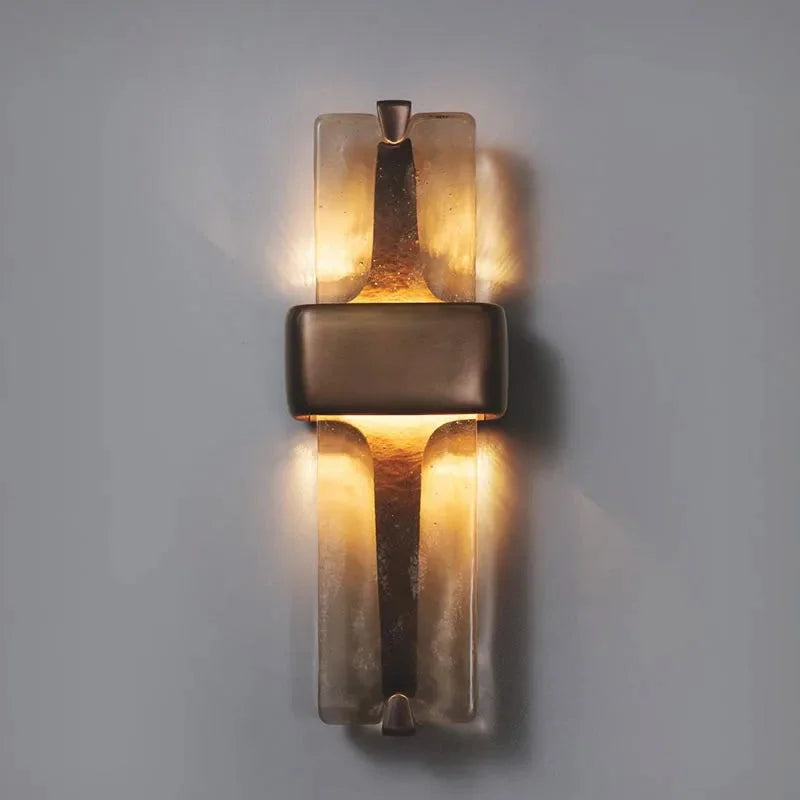 Vertical Bronze Sconce with Frosted Glass Panels for Bedroom Hallway Entryway Up-Down Light 20 Inch Tall Copper Fixture