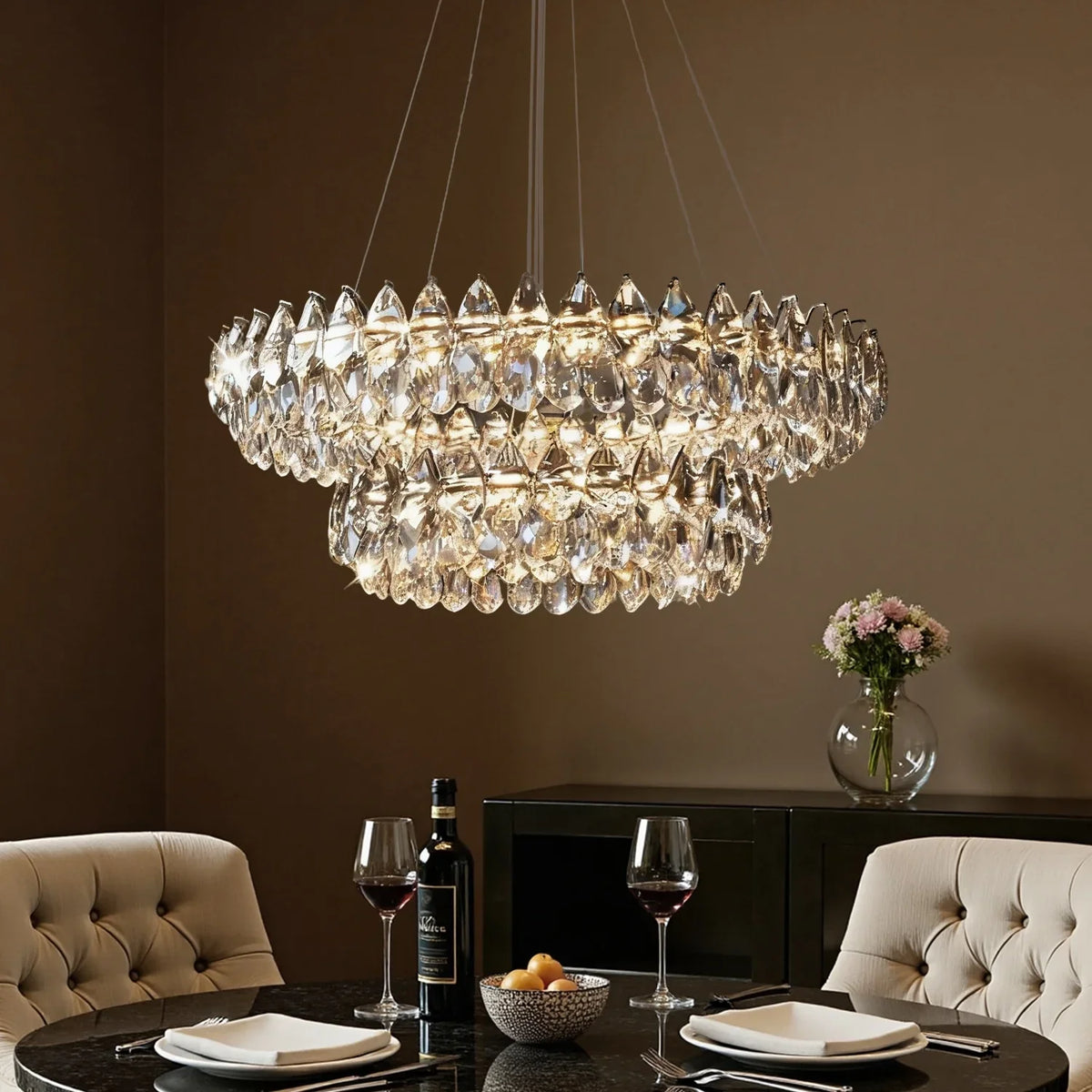 Two-Tier Crystal Pendant Light 32 inch Chrome Finish LED Adjustable Height Ceiling Fixture for Dining Room Living Room Kitchen Island Contem