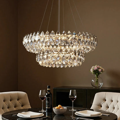 Two-Tier Crystal Pendant Light 32 inch Chrome Finish LED Adjustable Height Ceiling Fixture for Dining Room Living Room Kitchen Island Contem