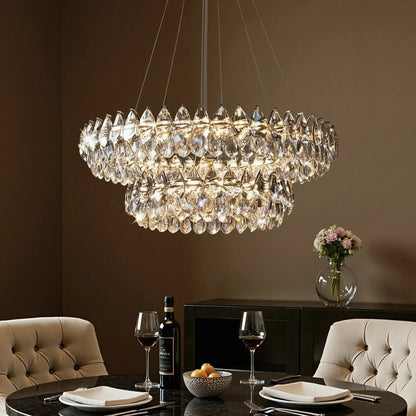 Double Ring Crystal Ceiling Light with Adjustable Height for Dining Room Living Room | Three Color Temperatures Chrome Finish | Teardrop Pen