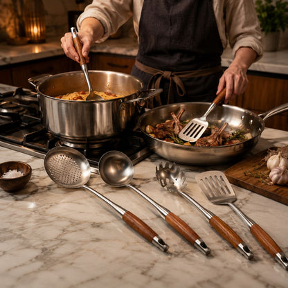 Six-Piece Cooking Utensil Set — Stainless Steel with Wood Handles for Everyday Kitchen Use