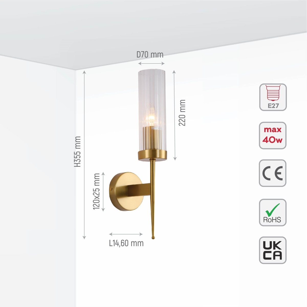 Textured Glass Wall Sconce with Steel Frame - Dimmable E27 Socket - 16 inch Height - Modern Art Deco Fixture for Hallways Bedrooms Living Sp